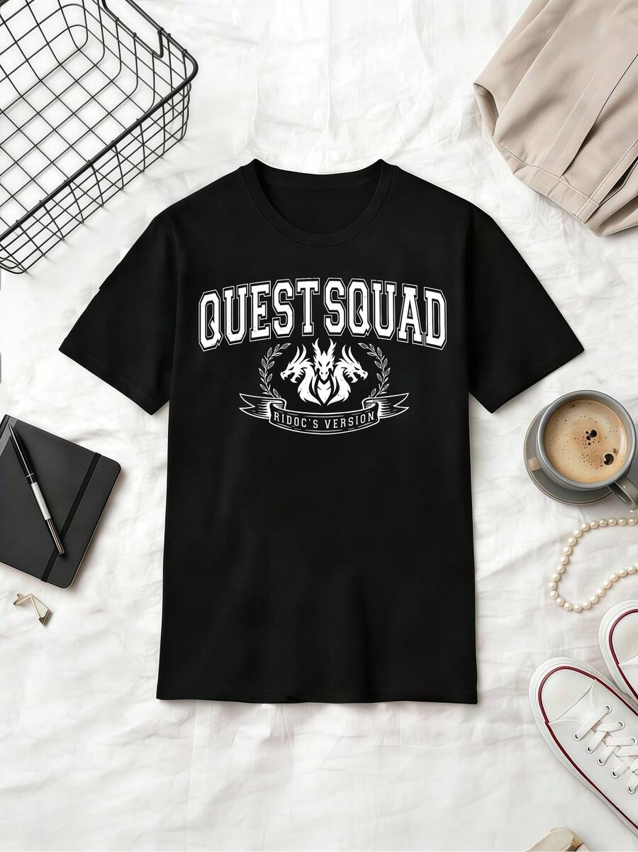 Women Retro Y2K Quest Squad Three Head Dragon Ridoc's Version Vintage Letter Printed Short Sleeve Black Cotton Book Fan Tee - 黑色 - 查看 1