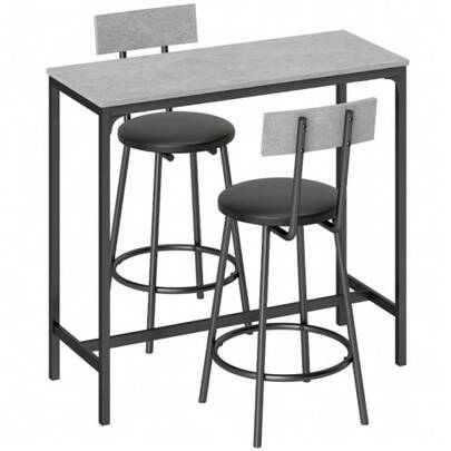 Bar Table Set With Stools, Bar Table With 2 Padded Stools With Footrests For Dining Room, Small Space, Gray