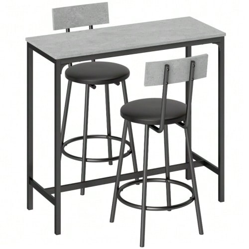 Bar Table Set With Stools, Bar Table With 2 Padded Stools With Footrests For Dining Room, Small Space, Gray