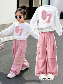 Young Girl Number Pattern Print Warm Crew Neck Sweatshirt And Cargo Pants - White - View 1