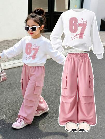 Young Girl Number Pattern Print Warm Crew Neck Sweatshirt And Cargo Pants