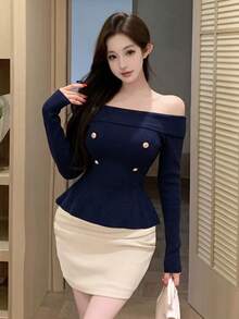 2026 Double-Row Gold Button Off-Shoulder Ribbed Knit Top, Fold-Over Off-Shoulder Slim Fit Long Sleeve, Ruffle Fish Tail Hem Waist-Cinching Cropped Base Layer, Commuter Sexy Aesthetic Elastic Knit Sweater - Royal Blue - View 4