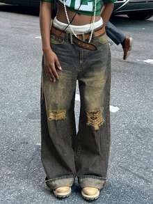 Women's Vintage Distressed Loose Straight Leg Jeans - Navy Blue - View 3