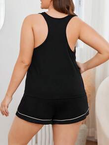 Plus Size Women's Summer Loose Casual Sports Tank Top + Shorts 2 Pieces Set Loungewear - Black - View 2