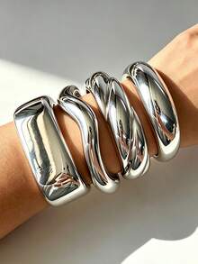 4pcs/1pc Bohemian Style Minimalist Casual Women's Twisted Wave Shape Silver CCB Material Open Bangle Bracelet Set, Suitable For Women's Dating, Gifting, Vacation, Daily Wear, Stackable - Silver - View 7