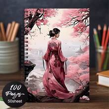 1pc Aesthetic Travel Theme Spiral Notebook, Personal Notebook Perfect Gift, Watercolor Japanese Cherry Blossom Pagoda Scenery Office Planner For Journaling, Daily Note Taking - One Book (50 Pages, 100 Pages) - View 10
