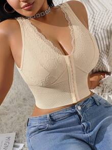 Plus Size Women's Front Hook Waist-Cinching Shapewear, Sexy Lace Front Hook Bra, Wire-Free Non-Padded Shaping Tank Top - Apricot - View 3