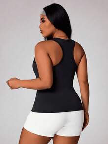1pc Plus Size 2-In-1 Tank Top With Built-In Cup Pads, Racerback Camisole Undershirt, Casual Spaghetti Strap Tank Top For Women, Spring Summer Autumn Winter - Black - View 4