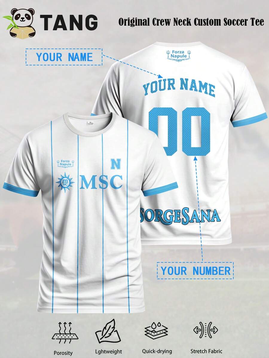 Men Custom Napoli Forza Napule Stripe Print Soccer Jersey, Personalized Name Number Football Shirt Fan Gear Match Training Daily Gift