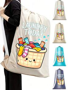 特大容量洗衣袋，附肩帶與耐用抽繩，印有 LAUNDRY 字樣與洗衣籃圖案，多用途長方形編織洗衣袋，適合居家與旅行收納，便攜旅行收納袋，耐用抽繩，居家帆布收納袋，旅行/宿舍理想選擇，返校/畢業季必備，送給親友的必要禮物，返校禮物 - 彩色 - 查看 8