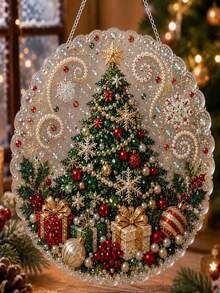Christmas Pearl Diamond Painting Suncatcher Set, DIY Handmade | Pre-Assembled Metal Chain, Acrylic Round Plate With Lace Edge, 3D Mixed Size Pearl Beads, Holiday Window Wall Decor - A - View 1