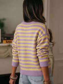 Women's Striped Knit Ribbed Button Front Long Sleeve Cardigan, Casual Elegant For Daily Wear, Country Concert, Vacation, Spring Autumn Winter - Mauve Purple - View 5