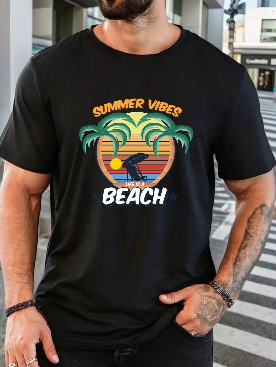 Men's Pure Cotton Short-Sleeved T-Shirt Summer Casual Beach Round Neck Basic Tee Top - 黑色 - 查看 1