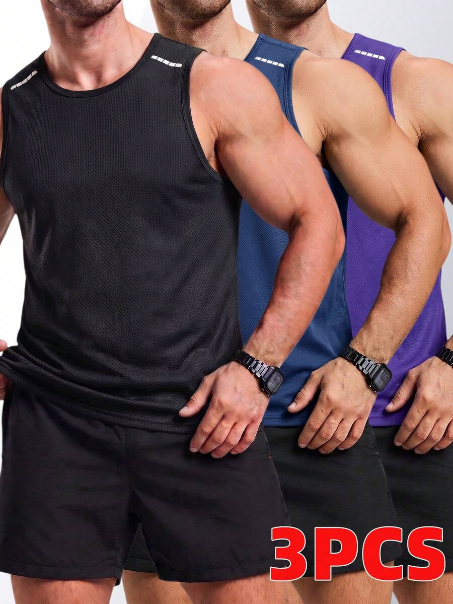 3pcs Men's Summer Sports Short Sleeve Elastic T-Shirts, Multi-Color Options, Suitable For Fitness, Running, Training - Purple - View 1