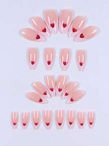 24pcs Long Almond Heart-Shaped Red French Tip Press-On Nails, Perfect Fit Acrylic False Nail Set, Includes 1pc Jelly Glue And 1pc Nail File - Multicolor - View 2