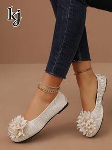 1 Pair Fashion Decorative Flower Women's Mary Jane Ballet Flats, Suitable For Party, Weekend, Banquet, Daily Wear - White - View 3