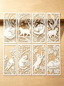 16pcs Rectangular Hollow Painting Stencils, Vintage Pastoral Style Cat, Flower, Grape, Lily Patterns Hand-Drawn Templates, Scrapbook Border, Bookmark, Wooden Cabinet Decoration Graffiti Stencils, Reusable Handmade Art Painting Tools - Multicolor - View 4
