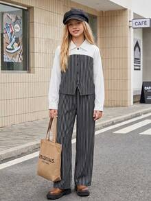 2件組 青少年女孩時尚學院風通勤優雅設計 2合1翻領長袖上衣與黑色條紋寬鬆寬腿褲套裝 - 黑色 - 查看 3