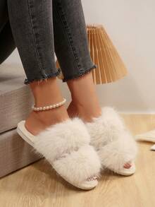 Women's Double Strap Faux Fur Open Toe Slippers, Soft Fluffy Plush House Slides, Lightweight Comfortable Warm Indoor Home Shoes - Beige - View 7