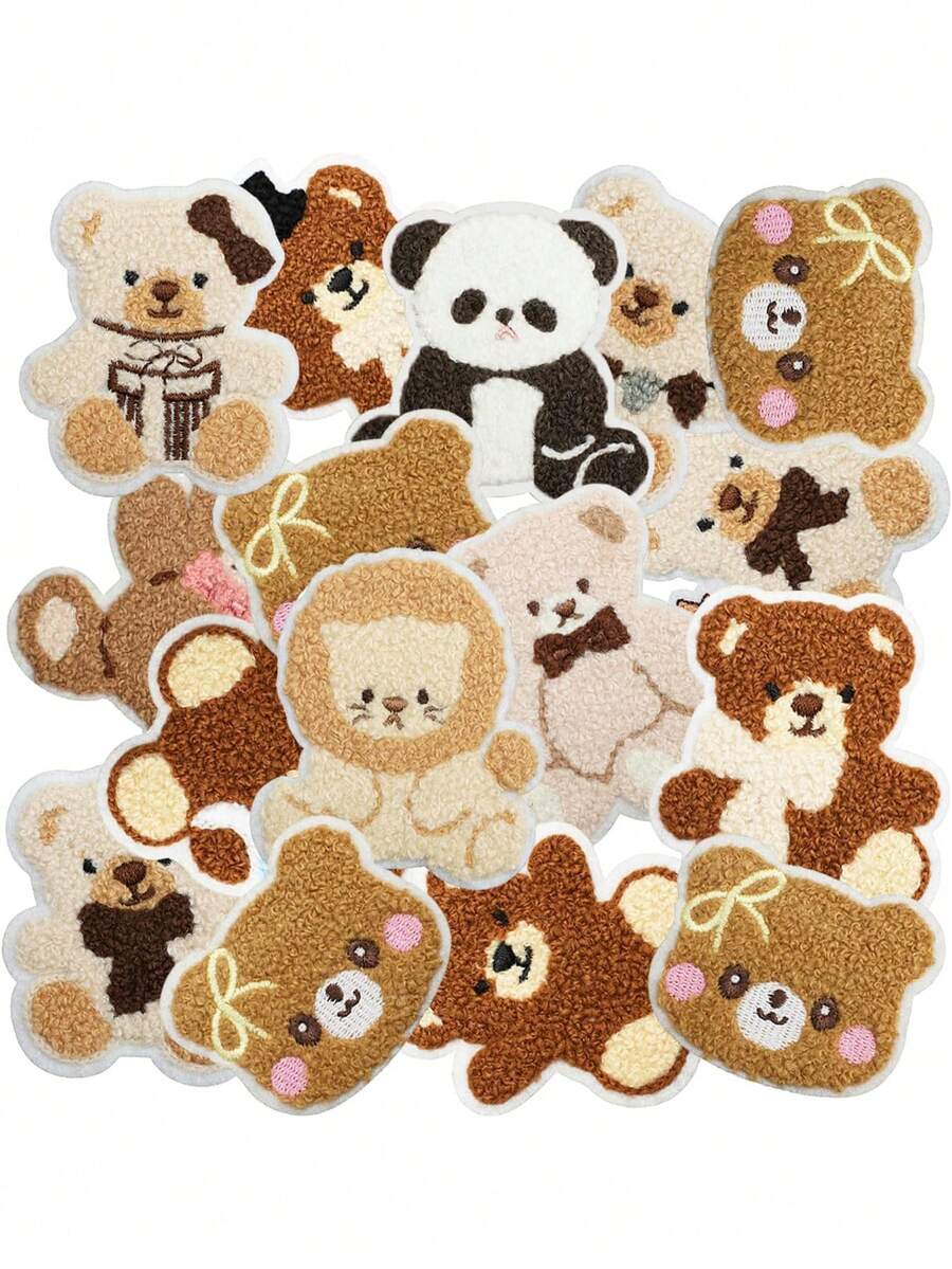 16入絨毛熊熨燙/縫製貼布繡，可愛動物刺繡貼花，DIY衣物、帽子、包包、牛仔褲、洋裝、襯衫裝飾