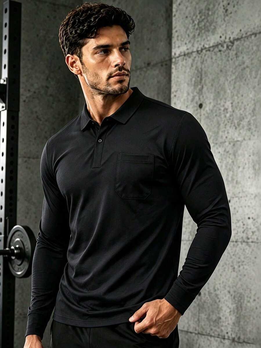 1pc Men's Spring/Autumn Long Sleeve Polo Shirt, Slim Fit Collared Top, Suitable For Sports, Outdoor, Business And Daily Commute - Black - View 1
