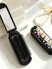 Cute Cat Print Folding Comb With Mirror, Portable Pocket Travel Hairbrush, Foldable Mini Styling Detangling Comb, Compact Hair Styling Tool For Women, Girls, Teens, Suitable For Daily Hair Care, Outdoor Travel, Vacation, Bag Carry, Dorm Use, Holiday And Birthday Gift - Multicolor - View 3