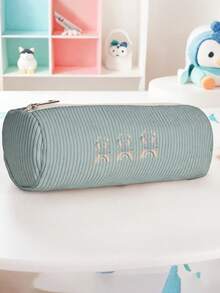 1pc Cute Little Animals Print Corduroy Cylindrical Zipper Pencil Case, Large Capacity, For Students Stationery Makeup Brushes School Daily Use Travel - Multicolor - View 11