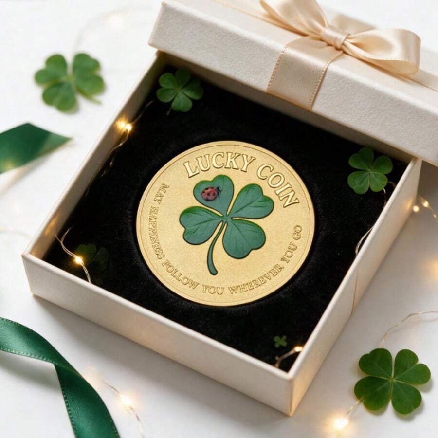 Painted Embossed Lucky Four-Leaf Clover Commemorative Coin, Lucky Coin, 3D Relief Pattern Coin, Unique Collectible Souvenir Lucky Gift, Two Colors Available - Multicolor - View 1