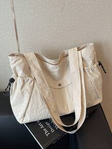 Solid Color Large Capacity Nylon Fabric Shoulder Tote Shopping Bag, Multi-Pocket Design, Mother's Day Gift For Mom, Commute Travel Minimalist Fashion Versatile - Beige - View 5