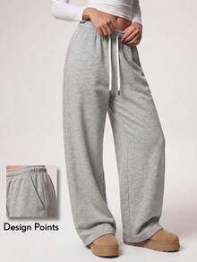 KyrLssu Women High Waist Drawstring Wide Leg Sweatpants, Casual Loose Pocket Workout Trousers - Grey - View 1