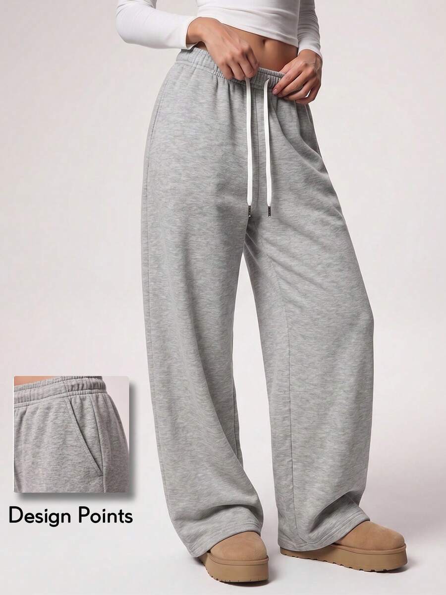 KyrLssu Women High Waist Drawstring Wide Leg Sweatpants, Casual Loose Pocket Workout Trousers - Grey - View 1