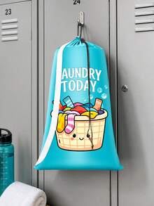 特大容量洗衣袋，附肩帶與耐用抽繩，印有 LAUNDRY 字樣與洗衣籃圖案，多用途長方形編織洗衣袋，適合居家與旅行收納，便攜旅行收納袋，耐用抽繩，居家帆布收納袋，旅行/宿舍理想選擇，返校/畢業季必備，送給親友的必要禮物，返校禮物 - 彩色 - 查看 4