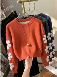 Tween Girls Cute Floral Short Knit Pullover Sweater, Long Sleeve, Suitable For Casual Wear In Spring And Autumn - Orange - View 1
