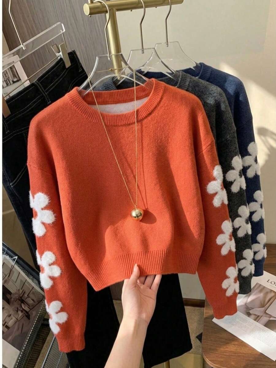 Tween Girls Cute Floral Short Knit Pullover Sweater, Long Sleeve, Suitable For Casual Wear In Spring And Autumn - Orange - View 1