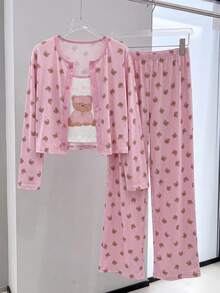 Girls 3Pcs Cute Bear Print Pajama Set,Long Sleeve Button‑Up+ Bear Graphic Cami Top + Elastic Waist Wide Leg Pants,Soft Sleepwear For Tween Girl Home Wear - Pink - View 3