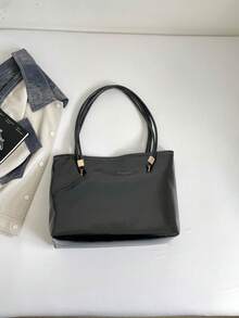 1pc Black Solid Color PU Large Capacity Tote Bag Women's Shoulder Bag - Black - View 5