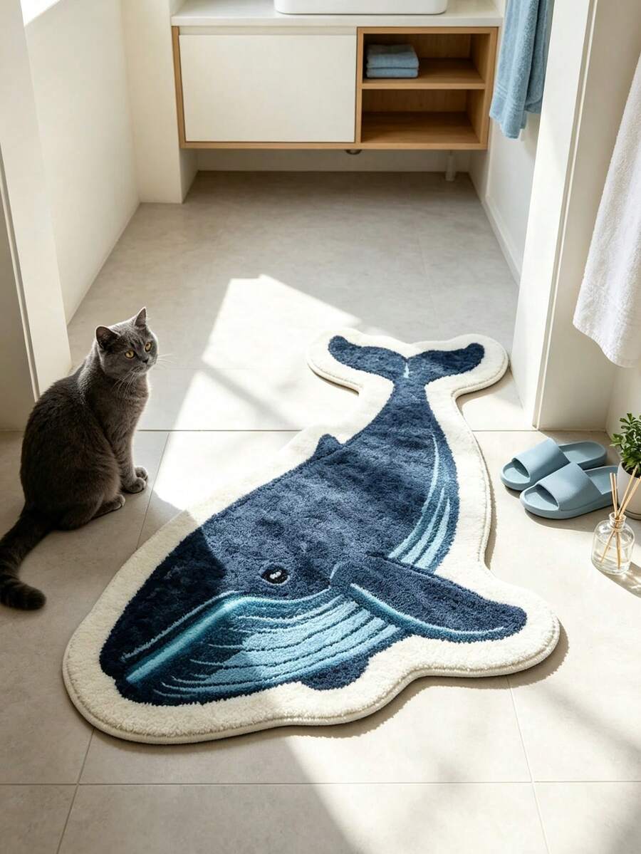 1pc White & Blue Striped Whale Doormat, Small Rug, Welcome Mat, Carpet, Floor Mat, Outdoor Doormat, Kitchen Rug, Home Decor, Front Door Mat, Area Rug, Outdoor Mat, Home Decor, Area Carpet, Garden Rug, Washable Carpet - Multicolor - View 1