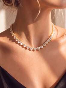 1pc Gold Heart-Shaped Rhinestone Tennis Choker Necklace, Crystal Chain Women's Jewelry, Shiny Romantic Comfortable, Valentine's Day Daily Party Accessory - Gold - View 5
