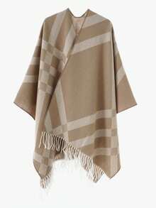 1pc Men's Vintage British Plaid Fringe Shawl Coat, Thickened Warm Front Open Cape Style Knitted Cardigan Shawl - Multicolor - View 3