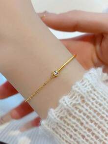 1 Stainless Steel Half-Bangle Bracelet, A Spliced Style Of Half-Bangle And Half-Chain, With A Delicate Chain Adjustment Element - Bracelet - View 3