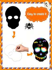 6SET Halloween Scratch Art Set, Rainbow Scratch Halloween Masks, Magic Scratch Masks With Elastic Ropes And Wooden Stylus, Suitable For Halloween Costume Party Photo Booth Props,Classroom Activities, Holiday Decorations, Fence Decorations - A - View 6