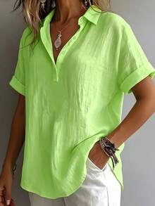 Plus Size Women Casual Basic Button-Down Short Sleeve Shirt Blouse Summer - Lime Green - View 8