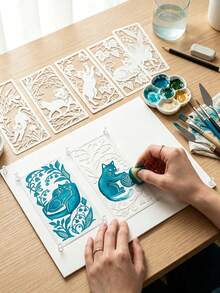 16pcs Rectangular Hollow Painting Stencils, Vintage Pastoral Style Cat, Flower, Grape, Lily Patterns Hand-Drawn Templates, Scrapbook Border, Bookmark, Wooden Cabinet Decoration Graffiti Stencils, Reusable Handmade Art Painting Tools - Multicolor - View 7