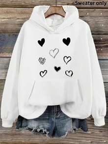 Winter, Autumn, Y2k, Women's Hoodie With Mixed Heart Print|   Hoodie With Black Hearts And Drawings|    Hooded Jacket For Valentine's Day And Everyday - White - View 2