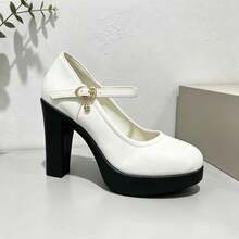 Geeyea Vintage High-Heel Mary Jane Shoes For Women,Round-Toe Block-Heel Slip-On Shoes With An Ankle Strap Buckle,Mary Jane Shoes - 白色 - 查看 5