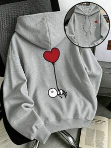 Women's Plus-Size Casual, Versatile Pullover Hoodie Featuring A Double-Sided Heart-Shaped Balloon Print-Ideal For Everyday Wear In Autumn And Winter. - Grey - View 1