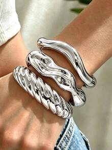 3/1 pieza Conjunto de pulseras casuales asimétricas minimalistas vintage para mujer, adecuado para uso diario, vacaciones, citas, fiestas, capas - Plateado - Ver 1
