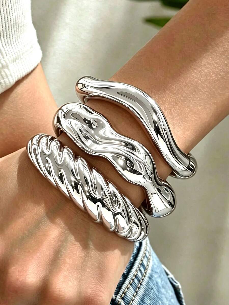 3/1 pieza Conjunto de pulseras casuales asimétricas minimalistas vintage para mujer, adecuado para uso diario, vacaciones, citas, fiestas, capas - Plateado - Ver 1