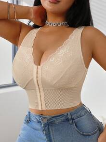Plus Size Women's Front Hook Waist-Cinching Shapewear, Sexy Lace Front Hook Bra, Wire-Free Non-Padded Shaping Tank Top - Apricot - View 5