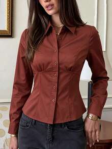 Women Elegant Vintage Retro Solid Collared Long Sleeve Button Front Bust Seam Detail Slim Fit Waist Cinched Fitted Shirt Blouse - Rust Brown - View 2